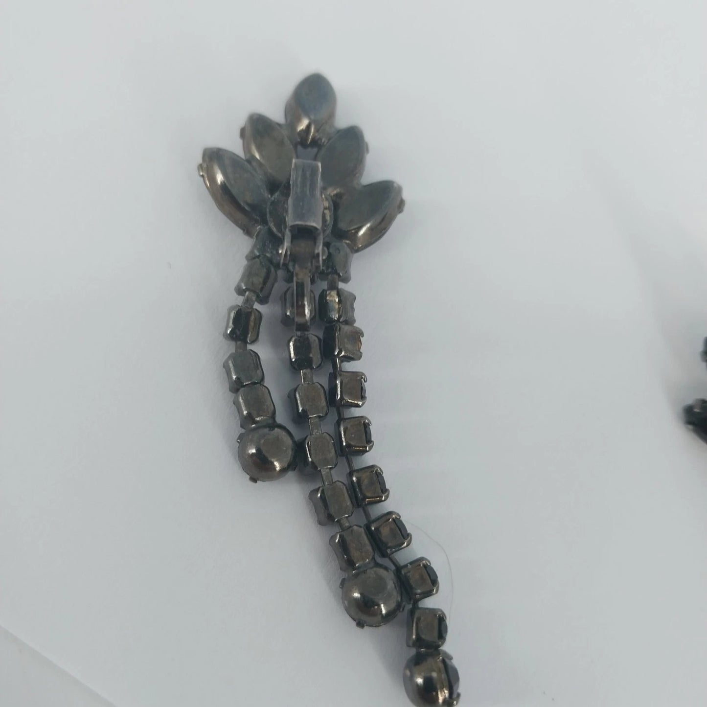 Black Crystal Cluster Dangle Earrings Gunmetal Rhinestone 2" Fashion Jewelry Vtg