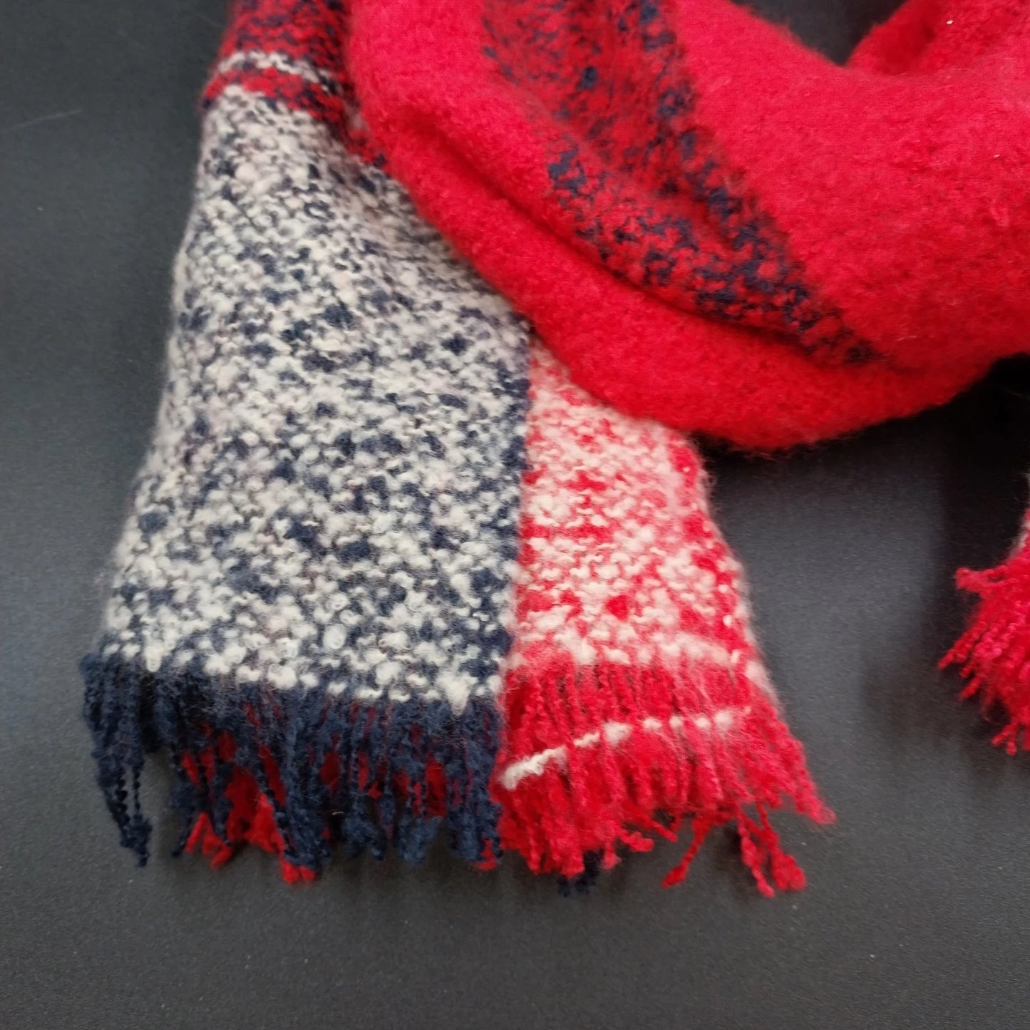 James Paul Cashmere Wool Scarf Red White Navy Striped Fringe Unisex Winter 72"