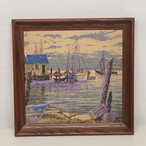 2 Painted Burlap Wall Prints Art Framed Noreaster Fishing Port Heavy into Purple