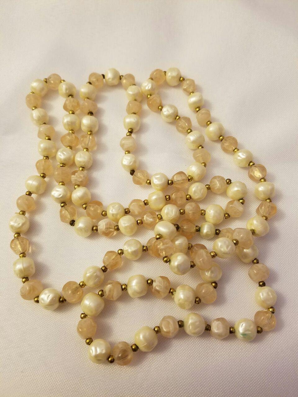 42" Circumference Vintage Bead Necklace, clear, pearl look, double strand