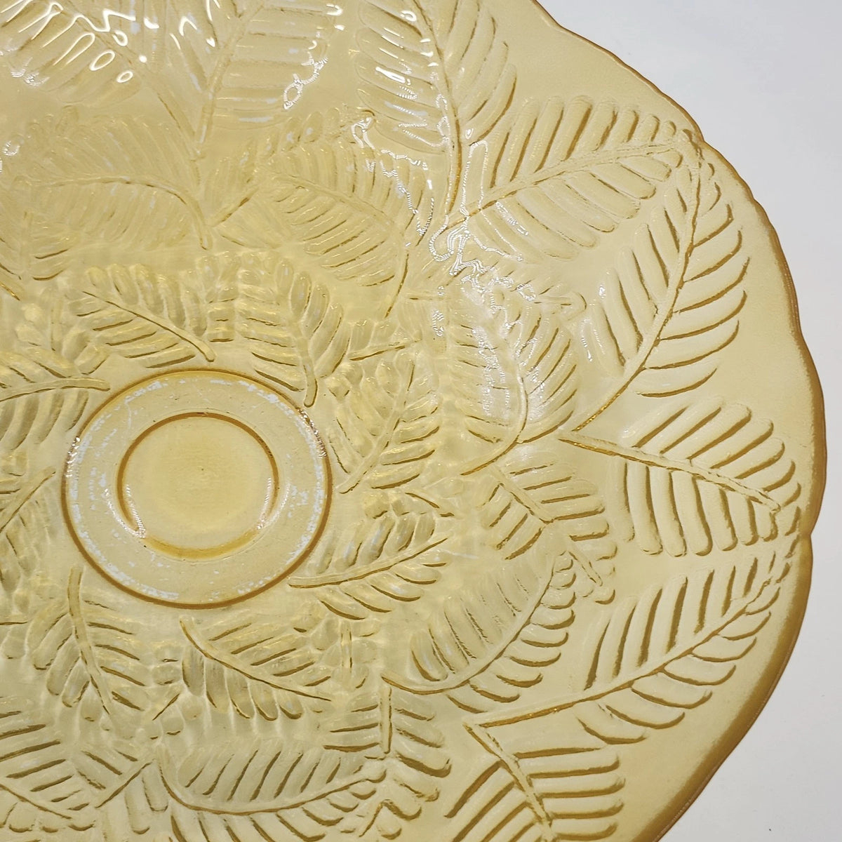 Amber Glass Serving Bowl Embossed Fern Leaf Pattern Scalloped Rim 13" Vintage