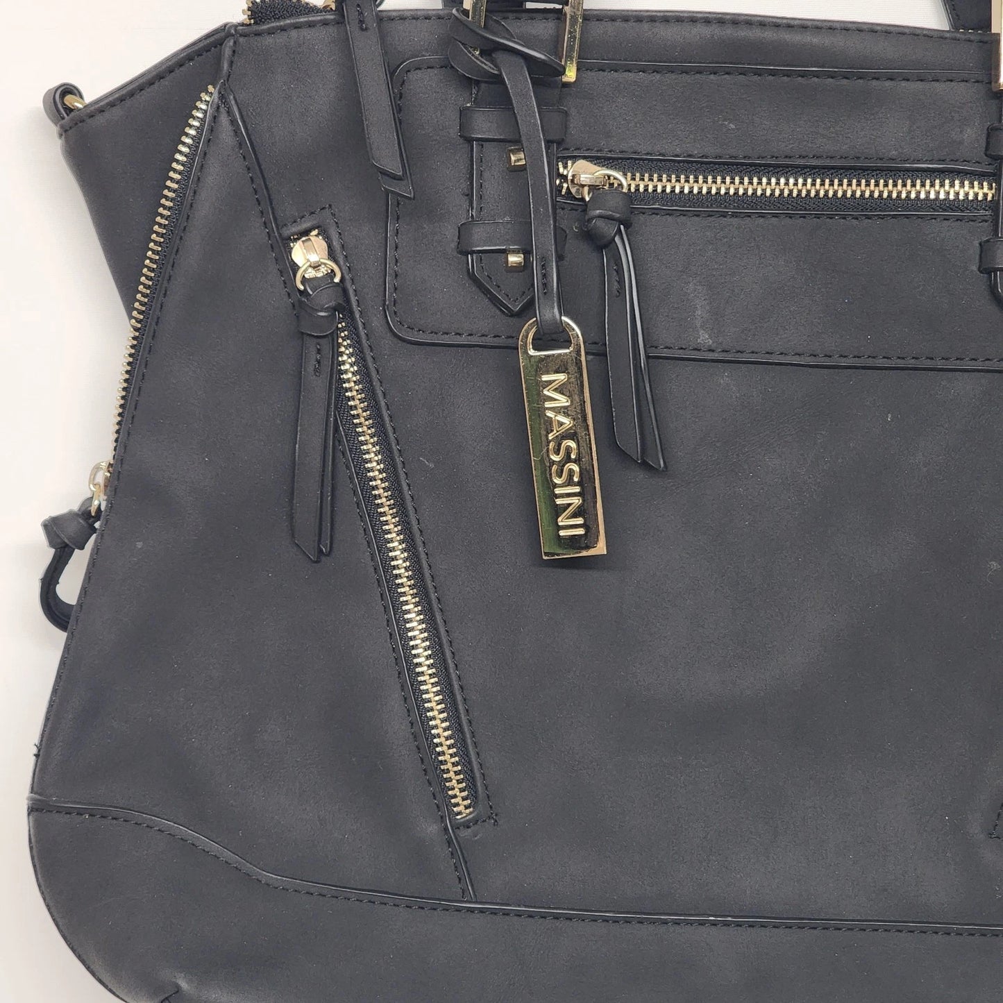 Massini Black Faux Leather Tote Handbag 16in Gold Tone Zipper