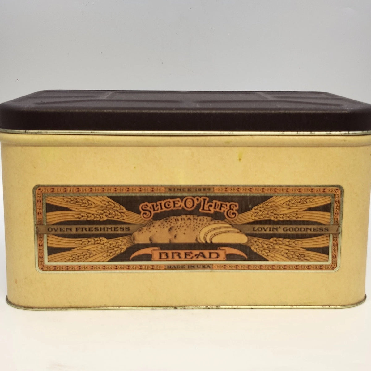 Slice O' Life Bread Empty Box Metal Tin Brown Lid Wheat Design 14" USA Vintage
