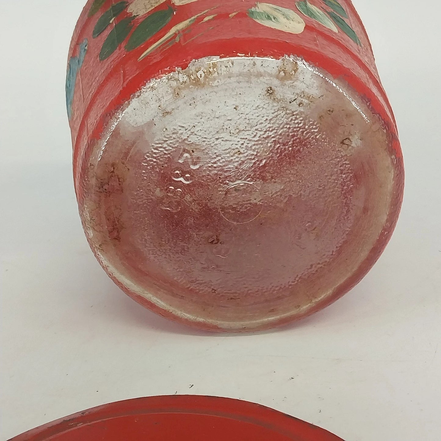 Ransburg Hand Painted Floral Cookie Cracker Jar Glass Metal Lid Folk Art