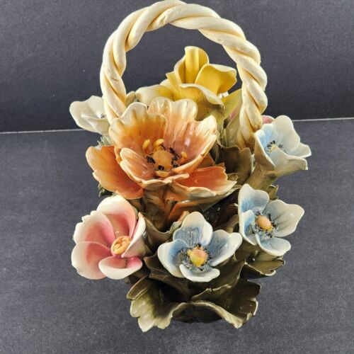 Capodimonte Porcelain Flower Basket Ardalt 4405 Yellow Pink Blue Italy Vintage