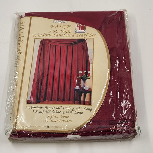 Interior Designs Paige 3 Pc Voile Window Panel & Scarf Set Dark Red 60”x84” NEW