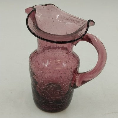Amethyst Purple Crackle Glass Small Pitcher 5" with Handle Hand Blown