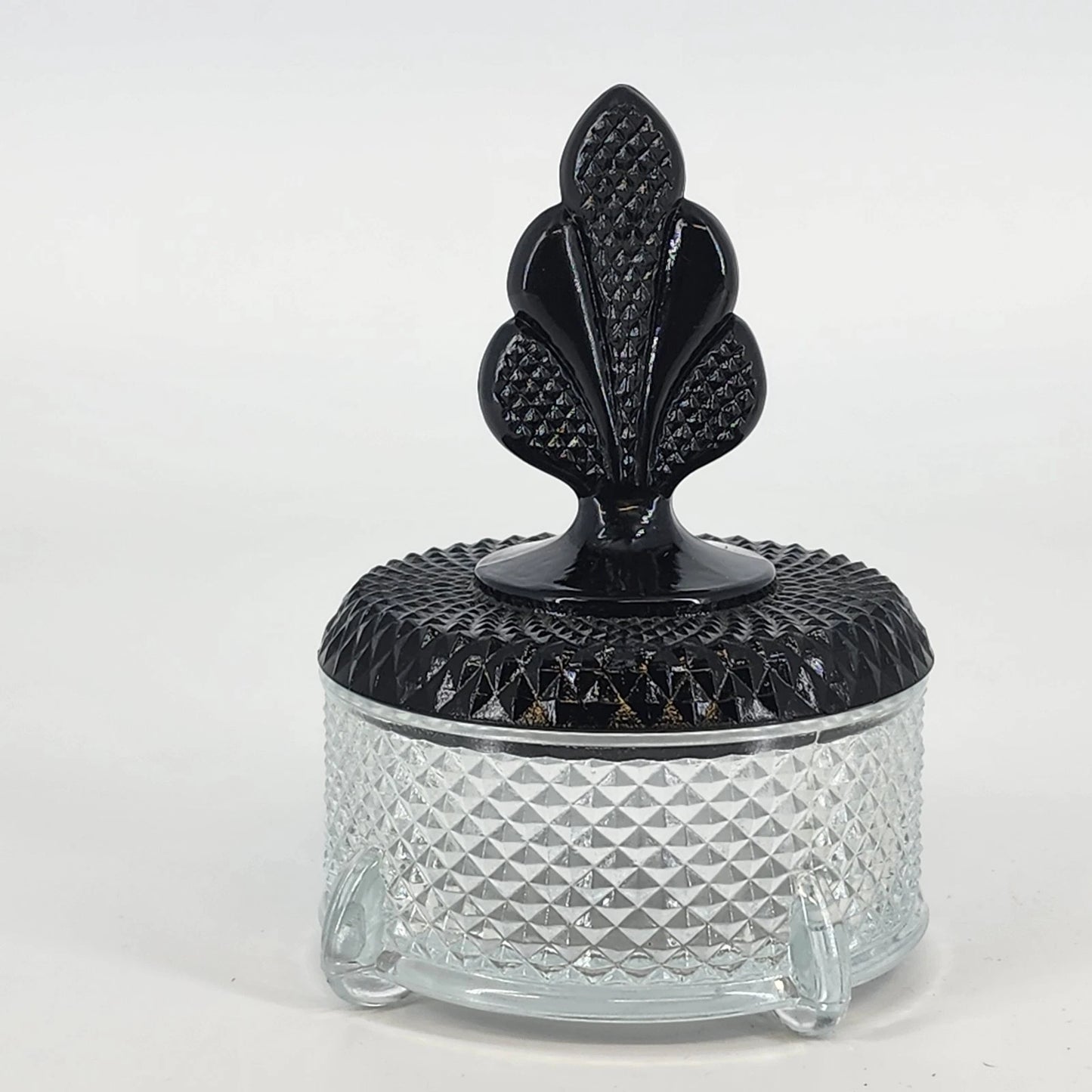 New Martinsville Geneva Glass Puff Box Black Plume Finial Diamond Art Deco 1930s