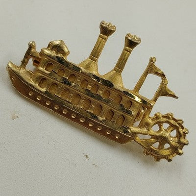 Gold Tone Mississippi River Steamboat Paddle Wheel Brooch Pin Vintage Accessory