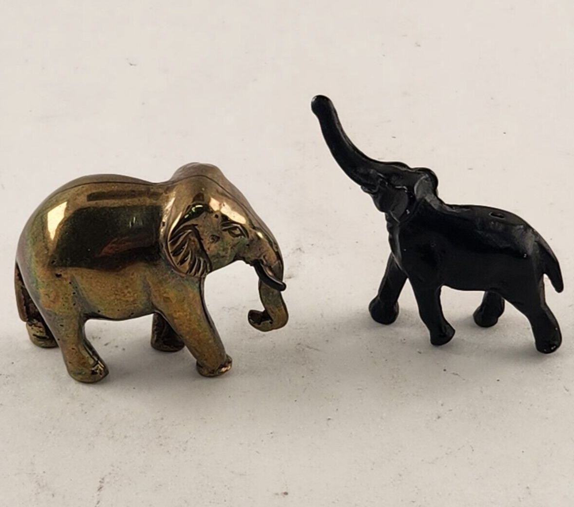 2 Metal Elephants Miniature Black & Brass Good luck Figure Statue Truck Up Down