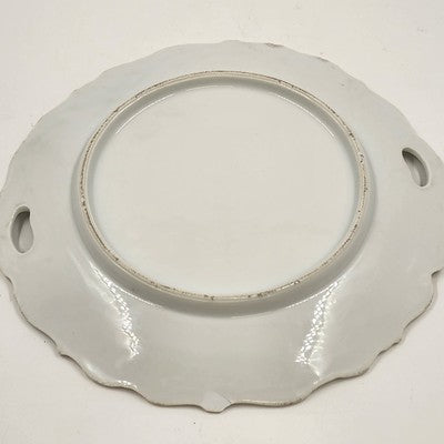 White Porcelain Platter Purple Floral Scalloped Edge Handles 9.5"