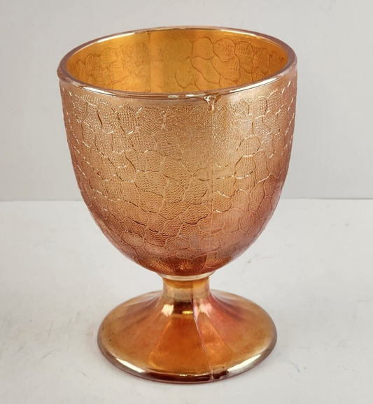 Jeanette Marigold Goblet Iridescent Crackle Carnival Glass Tumbler Pedestal Vtg