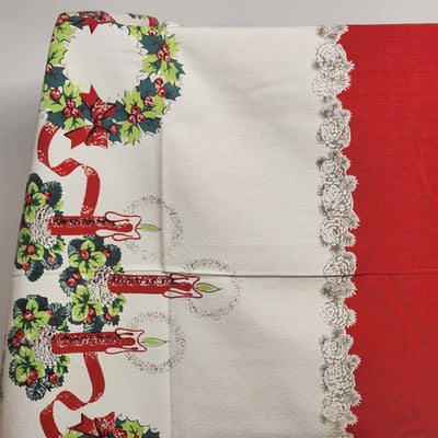 Christmas Holiday Rectangle Tablecloth Wreath Pine Cones Candles Ribbon 62"x48"