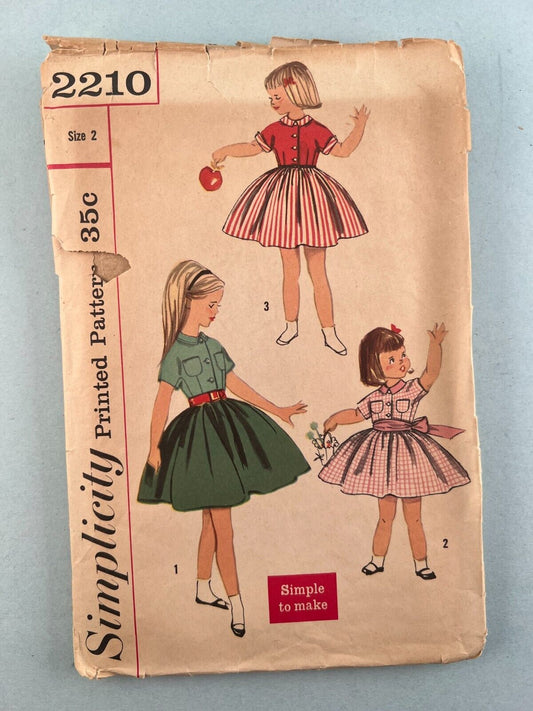 Simplicity 2210 Vintage Sewing Pattern Girls One Piece Dress and Sash Size 2