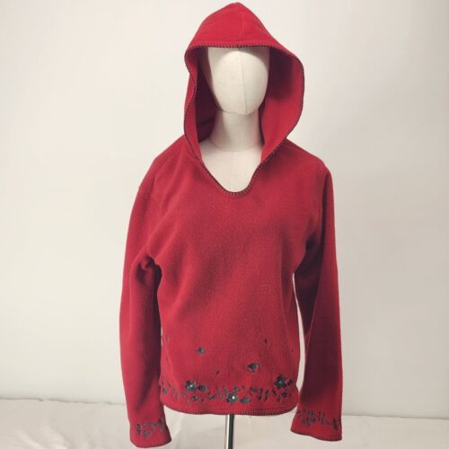 Fashion Bug Red Pullover Hoodie Women Medium 100% Polyester Embroidered Flowers