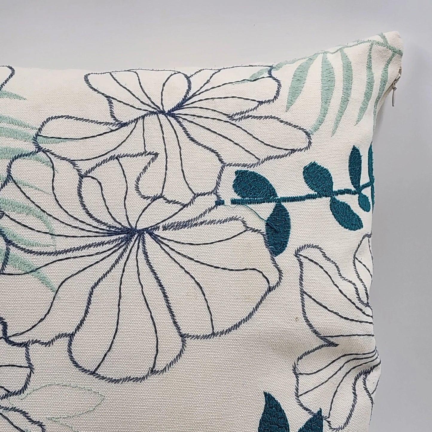 Decorative Down Throw Pillow 20"x20" White Green Embroidered Floral Leaf Pattern
