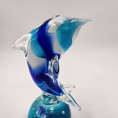 Art Glass Dolphin Figurine Leaping Over Cobalt Blue Ball 7" Paperweight