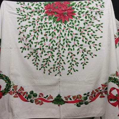 White Tablecloth Christmas Holiday Poinsettia Bell Holly Motif Rectangle 78"x58"
