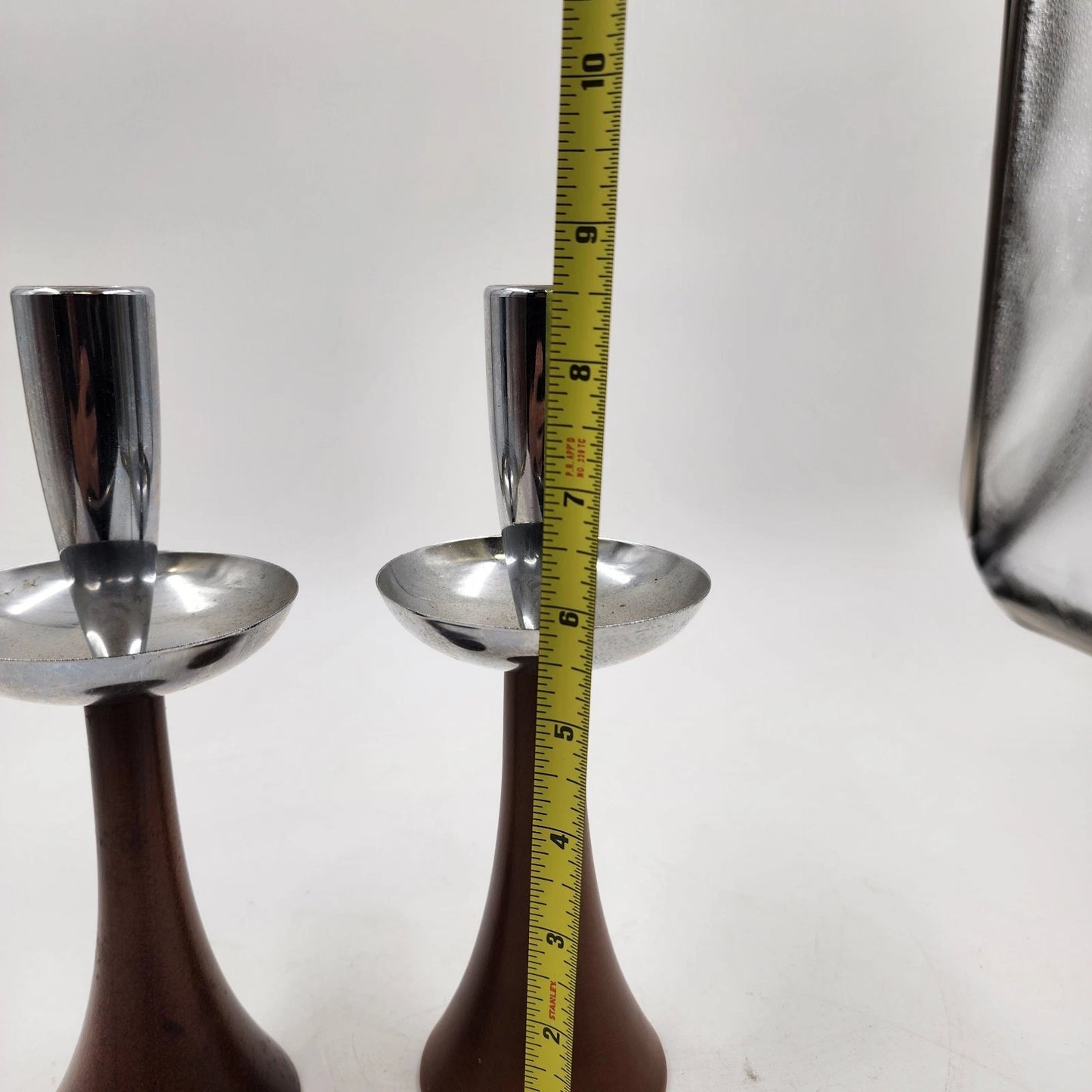 2 MCM Candle Holder Sticks Teak Wood Chrome Uppers 8.5" Danish Modern Vtg AS IS