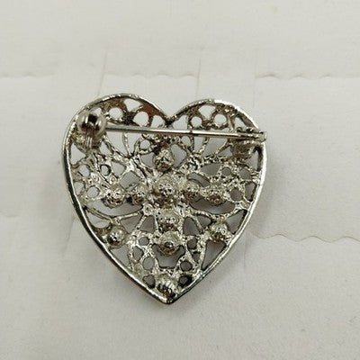 Silver Tone Filagree Heart Shape Brooch/Pin with Faux Pearl & Faceted Rhinestone