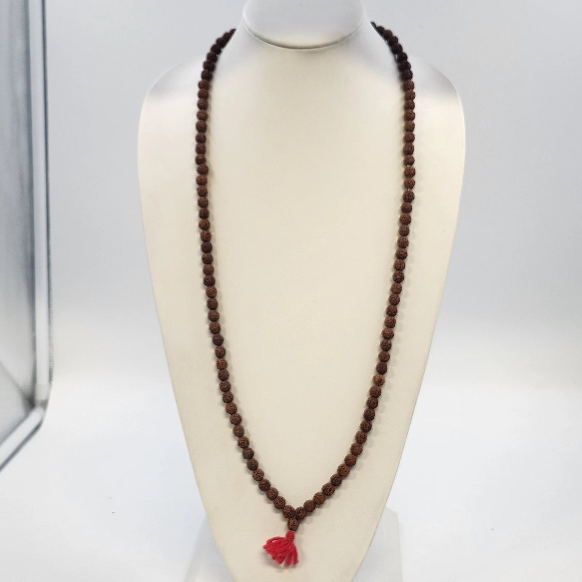 Rudraksha Seed Bead Mala Prayer Necklace Red Tassel 18.5" Meditation Jewelry