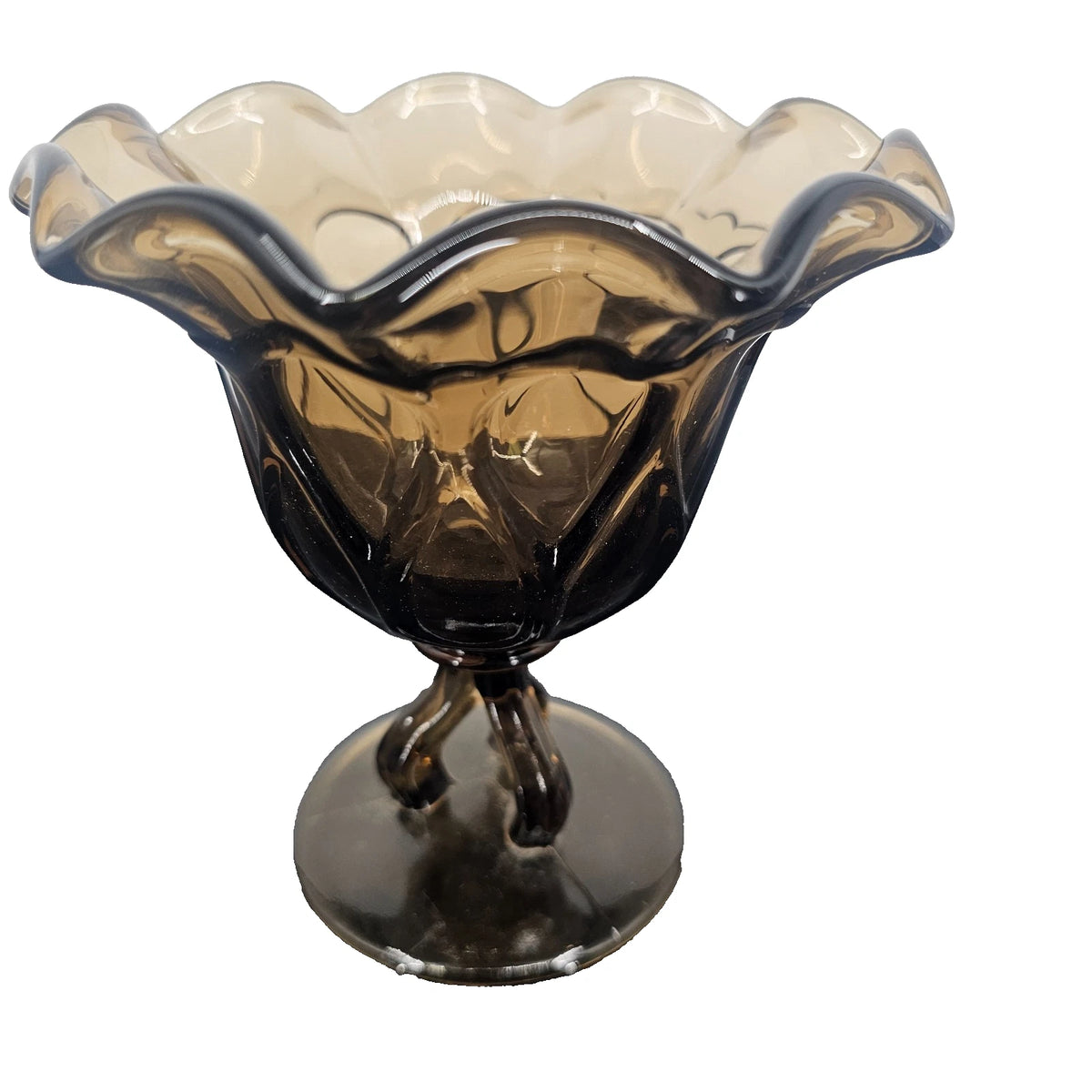 Westmoreland Smokey Brown Glass Footed Compote Scalloped Rim Pedestal Dish 5"