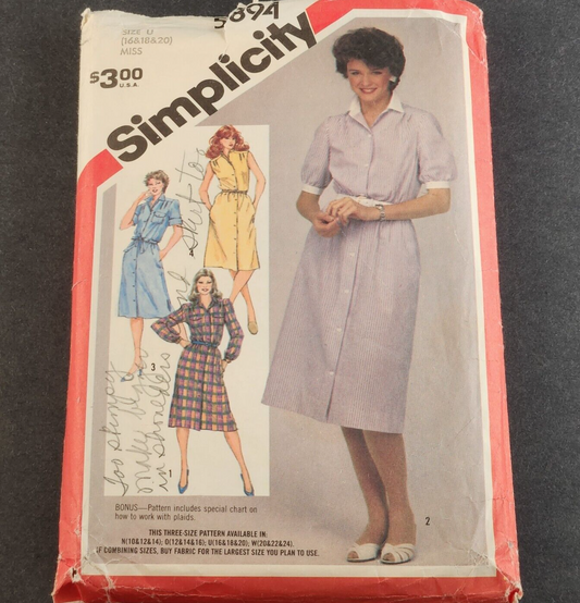 Simplicity 5894 Vintage Sewing Pattern 1980s Misses Shirtwaist Dress Size 3