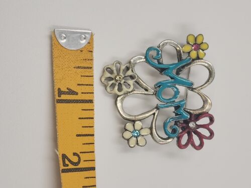 Silver Tone MOM Brooch Multicolor Enamel Flowers with Rhinestones 1.5" x 1.5"