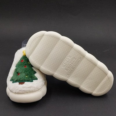 Christmas Tree Flat Thermal Plush Slippers White Faux Fur Green Insole Size 9-10