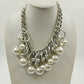 Plunder Knot Cord & White Faux Pearl Chunky Beaded Necklace Silver Tone Chain 8"