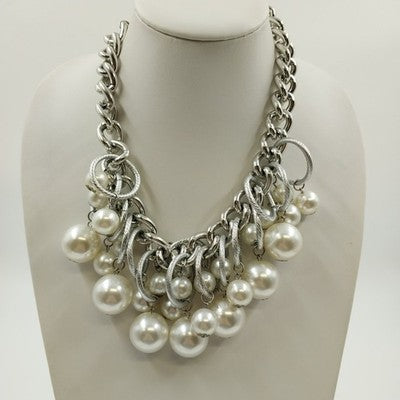 Plunder Knot Cord & White Faux Pearl Chunky Beaded Necklace Silver Tone Chain 8"