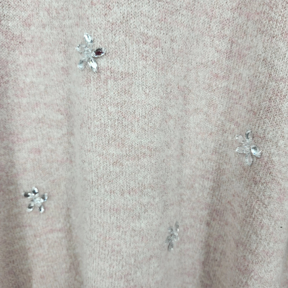 ELLE Women's XL Pink Metallic Knit Sweater Rhinestone Floral Crew Neck
