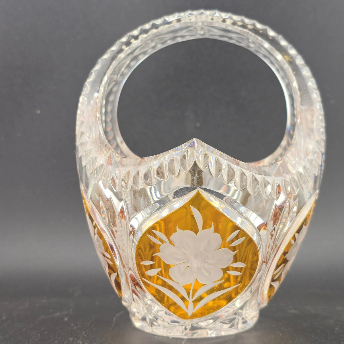 Cut Crystal Basket Amber Cut to Clear Etched Floral Handled 6" Vintage