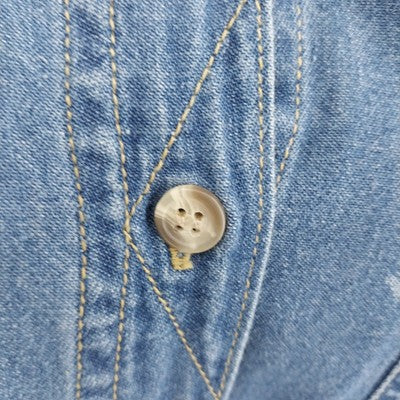 Solutions Blue Denim Shirt L Leopard Print Collar Cuffs Button Up 100% Cotton