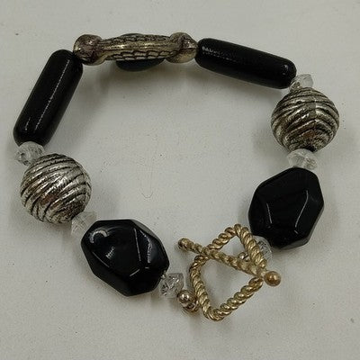 Silver Tone & Black Beaded 6" Bracelet with Clear Faceted Beads & Ribbed Gold