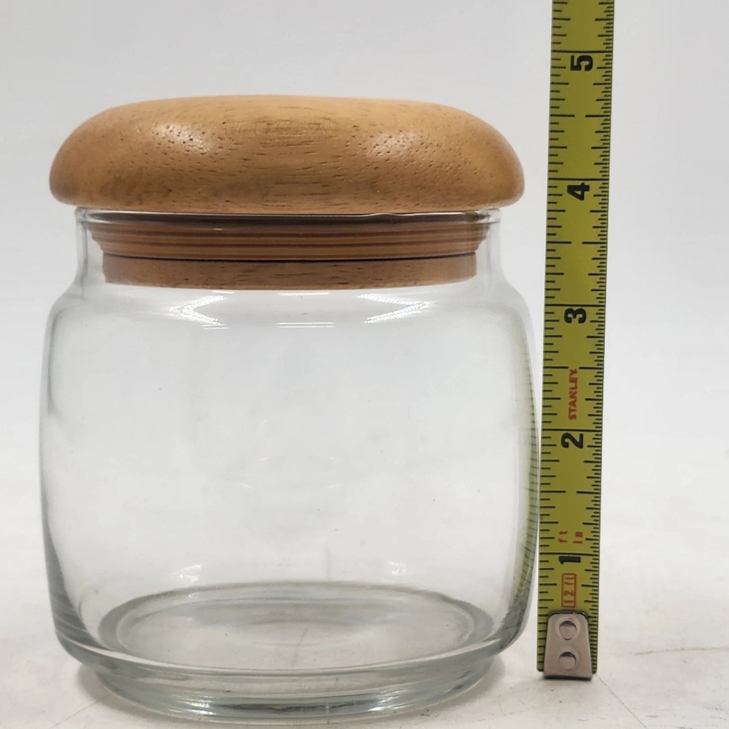 Clear Glass Storage Jar Teak Mushroom Wood Lid Airtight Rubber Seal 4"d x 4.5"h