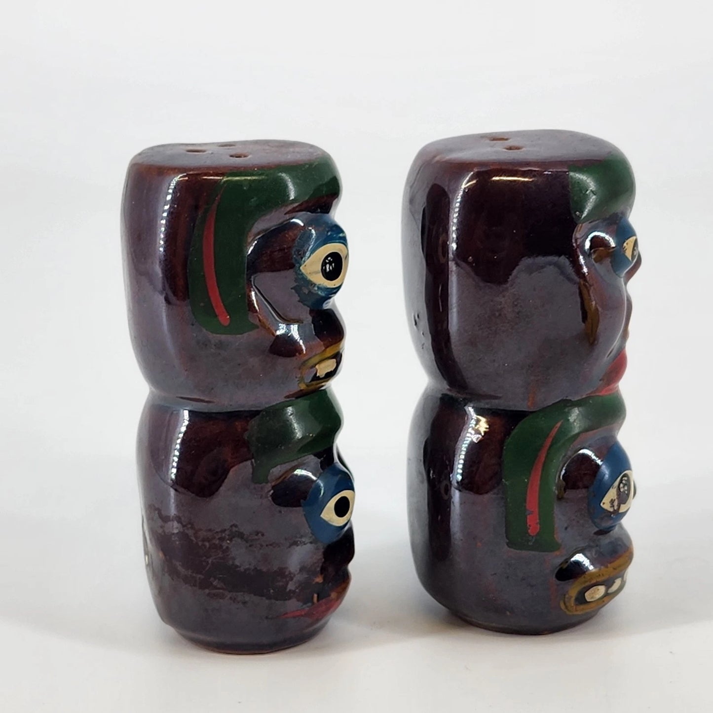 Totem Pole Indigenous Salt & Pepper Shaker Set Brown Lustreware Ceramic Japan 3"