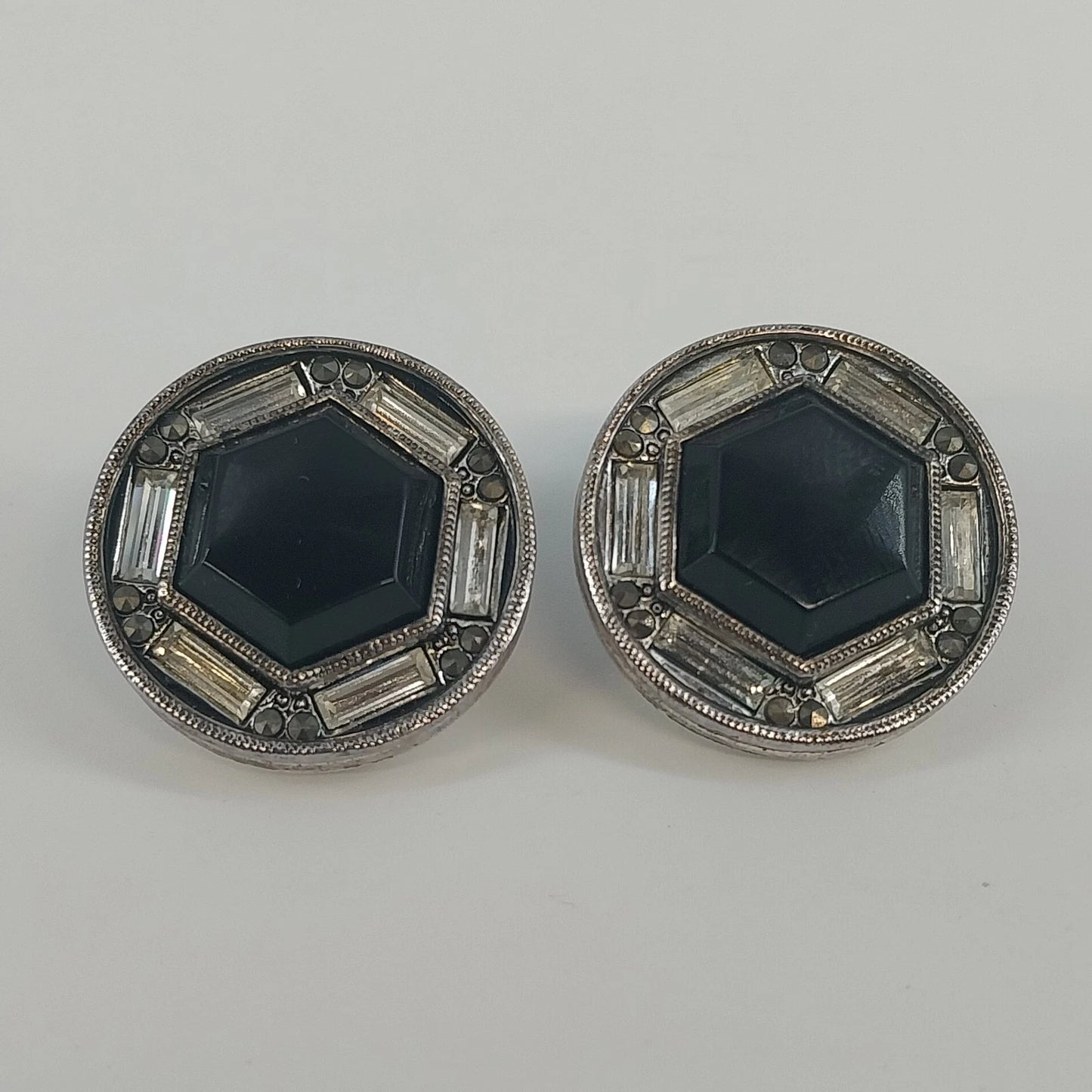 Vintage Black Onyx Octagon Clip On Earrings Art Deco Rhinestone