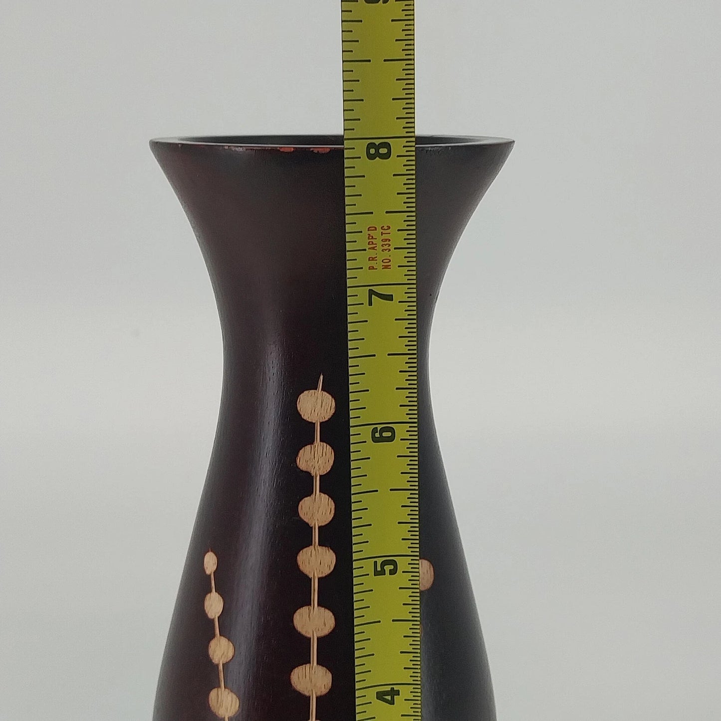 Turned Wood Vase Inset Botanical Floral Pattern Dark Brown 8" Vintage