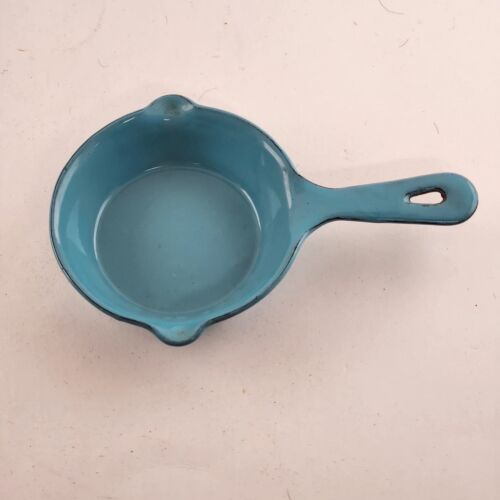 2 Fry Pan Miniature Enamel Cast Iron 3-3/4" Egg Sauce Skillet Vintage 1960s Blue