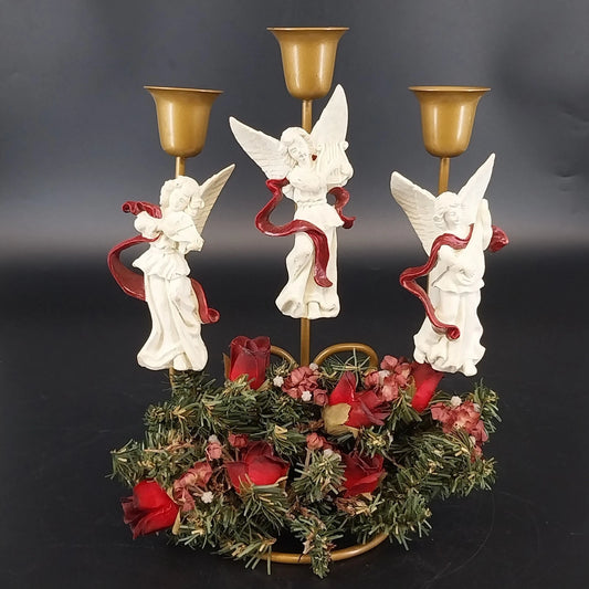 Angel Trio 3-Candle Holder Burgundy Floral Wreath Christmas Centerpiece 9"