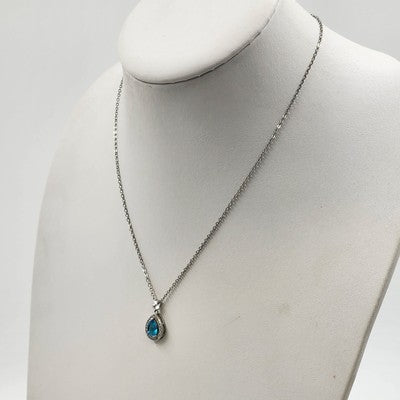 Silver Tone Chain w White Gold Plated Austrian Blue Teardrop Stone Necklace 10"