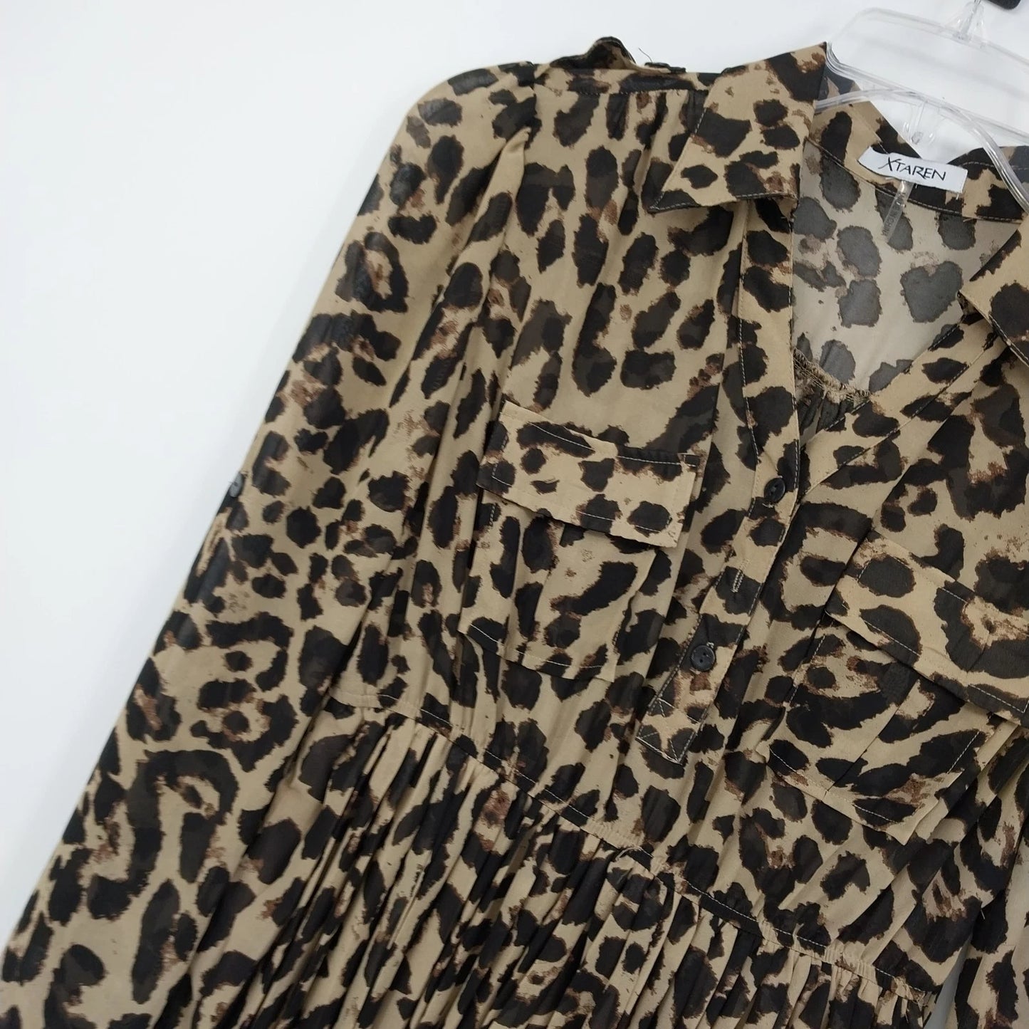 Xtaren Women's Leopard Print Sheer Pleated Mini Shirt Dress Long Sleeve Small