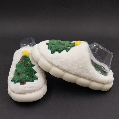 Christmas Tree Flat Thermal Plush Slippers White Faux Fur Green Insole Size 9-10