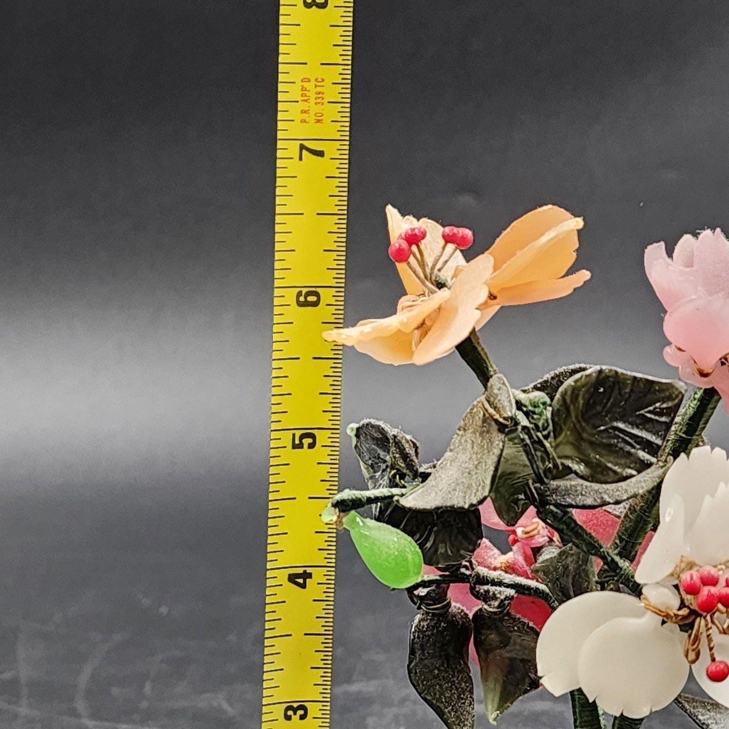 Glass Jade Stone Asian Bonsai Tree Celadon Pot Pink Yellow Floral 6.5"