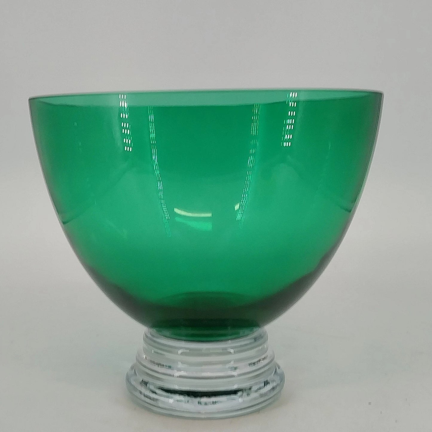 Crate & Barrel Emerald Green Art Glass Bowl Clear Base MCM Centerpiece Poland