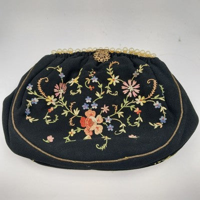 Black French Evening Clutch Bag Wrist Strap French Knot Embroidered Pearls 1930s