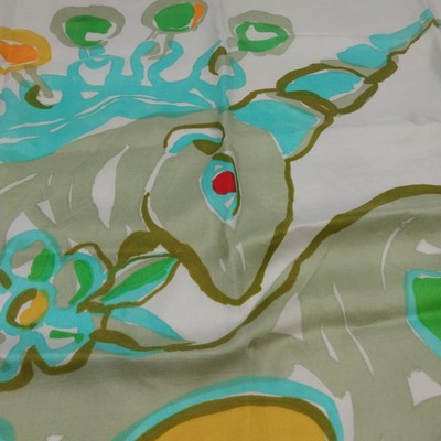 Kenneth Jay Lane Signed Unicorn Silk Scarf 31" Square Green Blue Jewel Japan