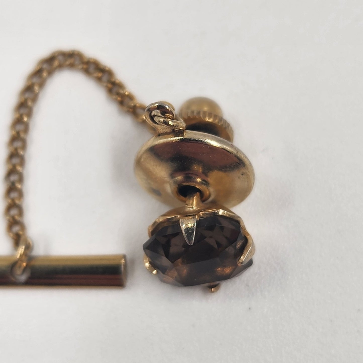 Gold Tone Smoky Brown Rhinestone Stud Quartz Tie Tack 1970s Pin Chain Buttonhole