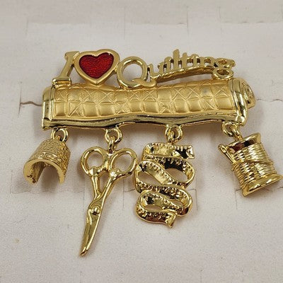 Danecraft Gold Tone I Love Quilting Decorative Brooch Pin Scissor Needle Thread